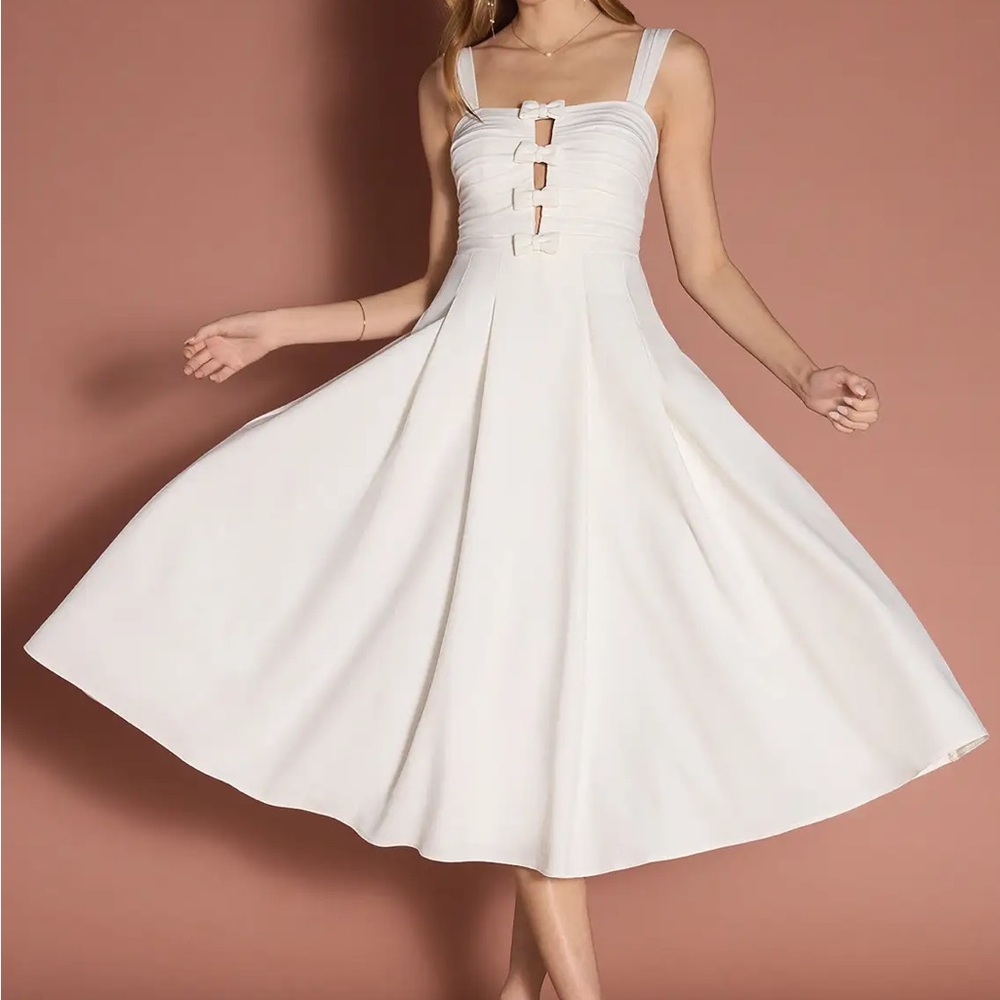 Azazie White Midi Fit-and-Flare Bow-Front Dress
